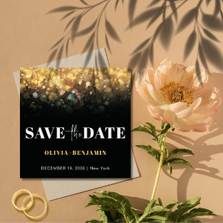 Glitter Glam Zwart en Gouden Bruiloft Save The Dat Kaart