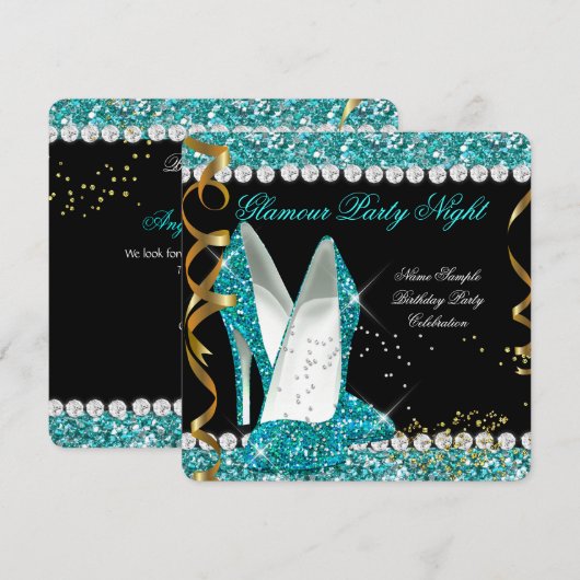 Glitter Glamor Blauwgroen aqua Gold Black Party Kaart (Voorkant / Achterkant)