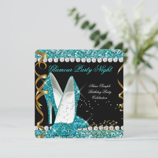 Glitter Glamor Blauwgroen aqua Gold Black Party Kaart (Staand voorkant)