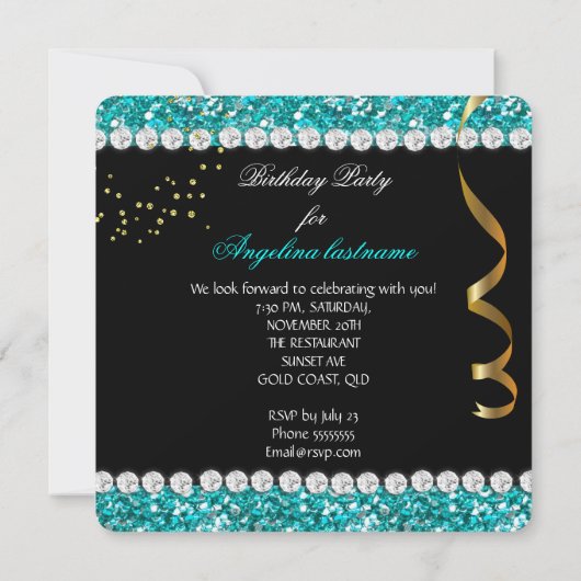 Glitter Glamor Blauwgroen aqua Gold Black Party Kaart (Achterkant)