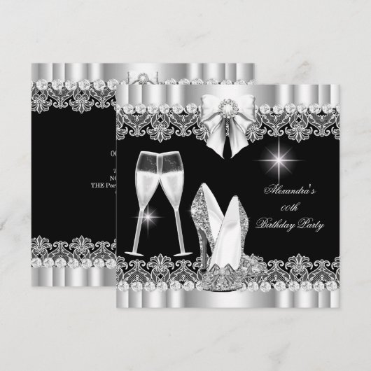 Glitter Glamor Hi Heels Silver Black Champagne Kaart (Voorkant / Achterkant)