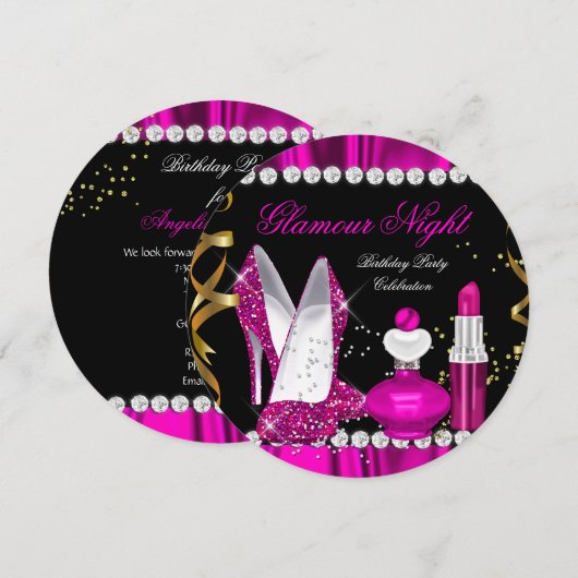 Glitter Glamor Night Deep Pink Gold Black Party a Kaart (Voorkant / Achterkant)