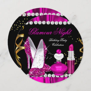 Glitter Glamor Night Deep Pink Gold Black Party a Kaart
