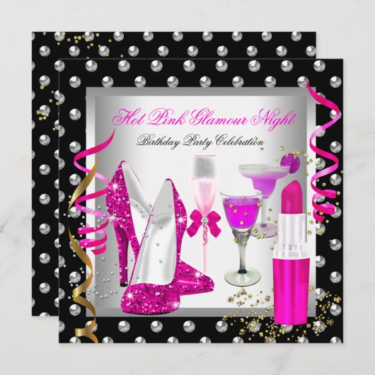 Glitter Glamor Night Pink Silver Birthday Party Kaart (Voorkant / Achterkant)