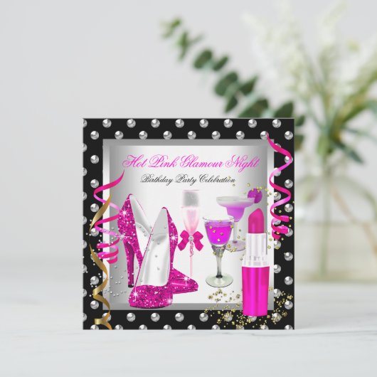 Glitter Glamor Night Pink Silver Birthday Party Kaart (Staand voorkant)