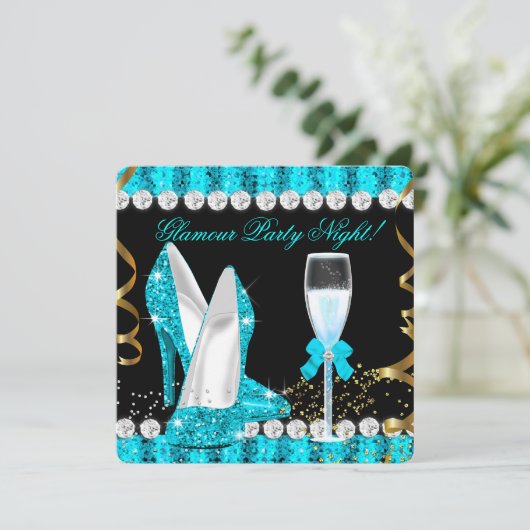 Glitter Glamor Party Night Blauwgroen Blue Champag Kaart (Staand voorkant)