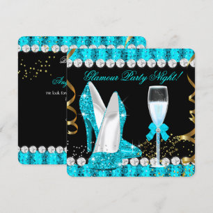 Glitter Glamour Feestnacht Teal Blauwe Champagne Kaart