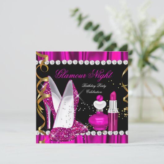 Glitter Glamour Night Deep Pink Gold Black 2 Kaart (Staand voorkant)