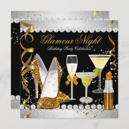 Glitter Glamour Night Gold Black Silver Party Kaart (Voorkant / Achterkant)