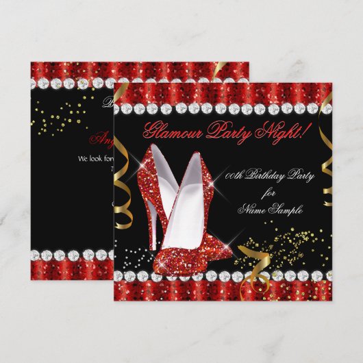 Glitter Glamour Party Night Red Gold Heels Kaart (Voorkant / Achterkant)
