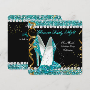 Glitter Glamour Turquoise aqua Goud Zwart Feestje Kaart