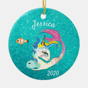 Glitter Glanzende Meermin Eenhoorn Met naam Keramisch Ornament