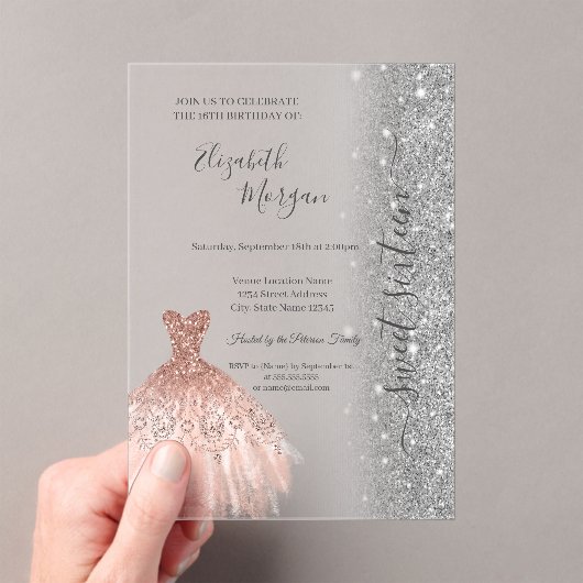 Glitter Glitter Dress Rose Gold Sweet 16 Acryl Uitnodigingen (Insitu (Draagbaar))