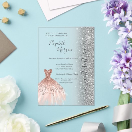 Glitter Glitter Dress Rose Gold Sweet 16 Acryl Uitnodigingen (Insitu (Huwelijk))