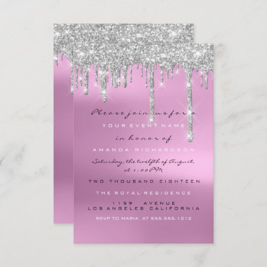 Glitter Glitter Drips Silver Pink Bridal Sweet 16t Kaart (Voorkant / Achterkant)
