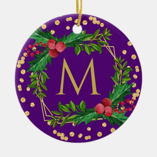 Glitter Glitter Gold Paarse Monogram Merry Kerstmi Keramisch Ornament (Voorkant)