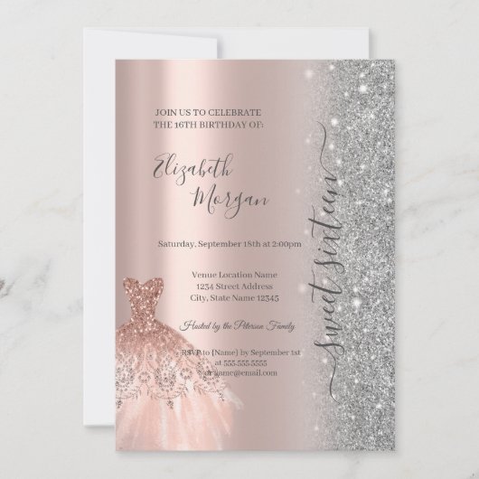 Glitter Glitter Jurk Rose Goud Sweet 16 Kaart (Voorkant)