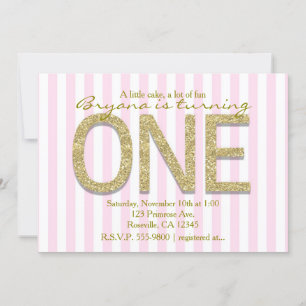 GLITTER GLITTER One Pink Stripe 1st Party uitnodig Kaart