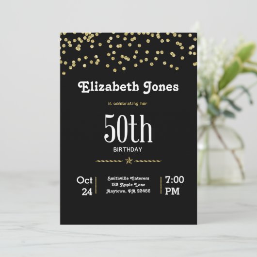 Glitter Gold 50th Birthday Invitation Kaart (Staand voorkant)