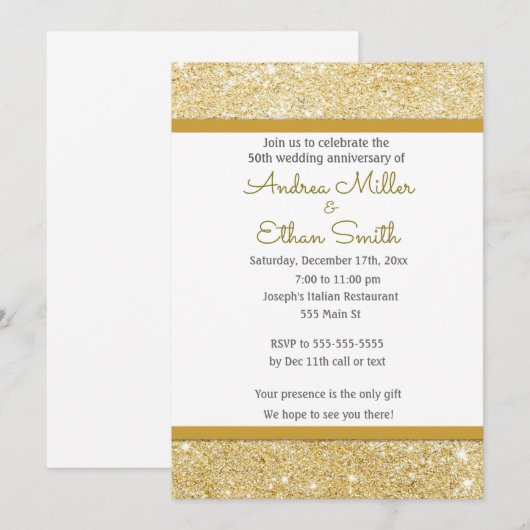 Glitter Gold 50th Wedding Jubileum Invitation Kaart (Voorkant / Achterkant)