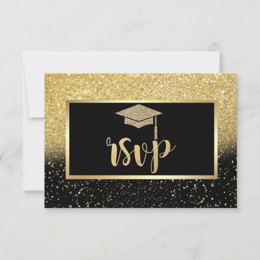 Glitter Gold Afstudeerder Pet, Confetti Graduparty RSVP Kaartje (Voorkant)