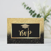 Glitter Gold Afstudeerder Pet, Confetti Graduparty RSVP Kaartje (Staand voorkant)