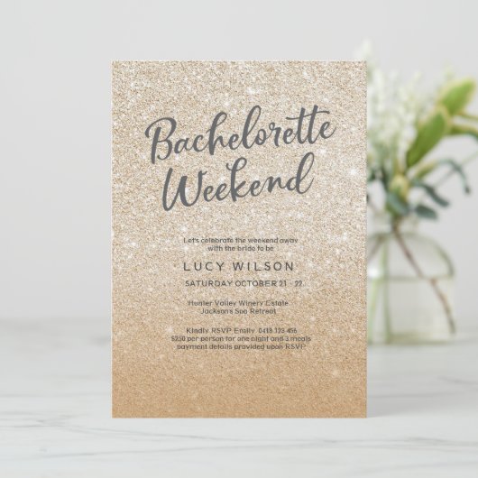 Glitter Gold Bachelorette Weekend Uitnodiging (Staand voorkant)