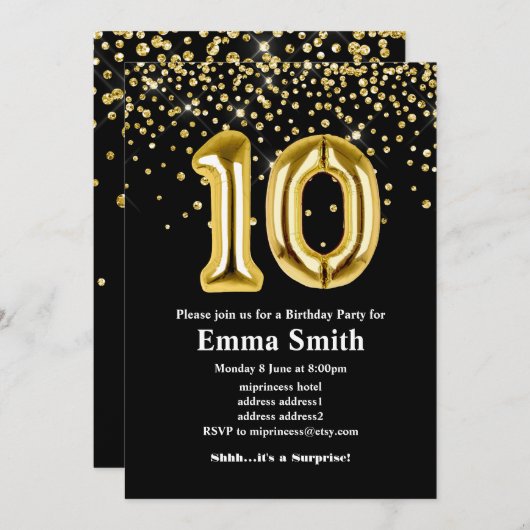 glitter gold ballon voor 10e verjaardag kaart (Voorkant / Achterkant)