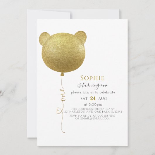 Glitter Gold Balloon Teddy Bear 1e verjaardag Kaart (Voorkant)