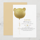 Glitter Gold Balloon Teddy Bear 1e verjaardag Kaart (Voorkant / Achterkant)