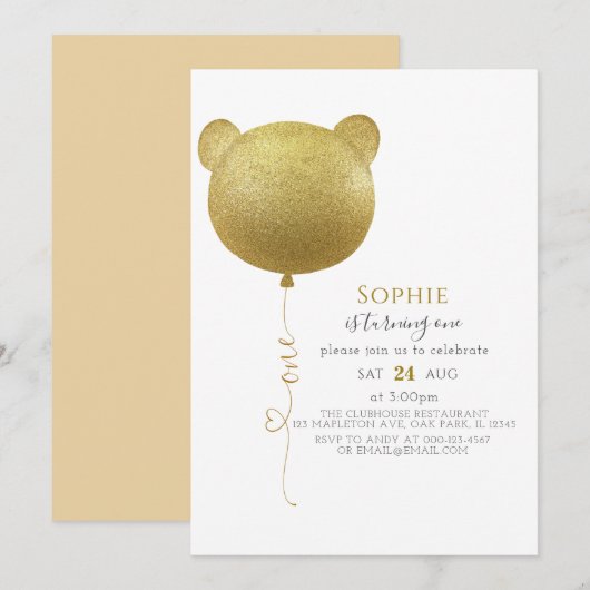 Glitter Gold Balloon Teddy Bear 1e verjaardag Kaart (Voorkant / Achterkant)