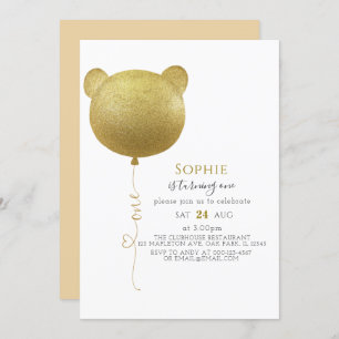 Glitter Gold Balloon Teddy Bear 1e verjaardag Kaart