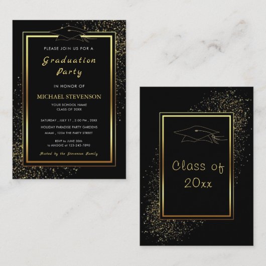 Glitter Gold Black Afstuderen Invitation Sjabloon (Voorkant / Achterkant)