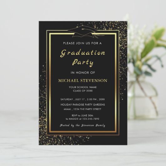 Glitter Gold Black Afstuderen Invitation Sjabloon (Staand voorkant)