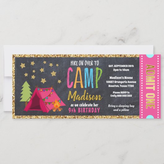 Glitter Gold Blackboard Glamping Ticket Pass Kaart (Voorkant)