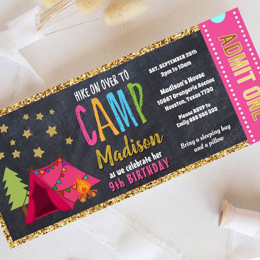 Glitter Gold Blackboard Glamping Ticket Pass Kaart