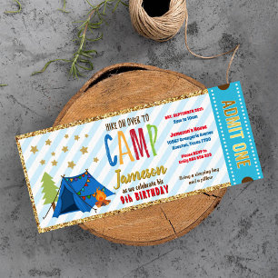 Glitter Gold Blue Glamping Ticket Pass Birthday Kaart