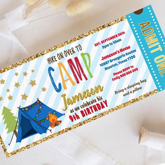 Glitter Gold Blue Glamping Ticket Pass Birthday Kaart