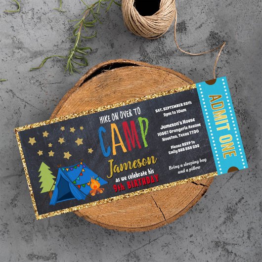 Glitter Gold Blue Glamping Ticket Pass Kaart