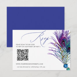 Glitter Gold Blue Purple Peacock Plume QR CODE RSVP Kaartje