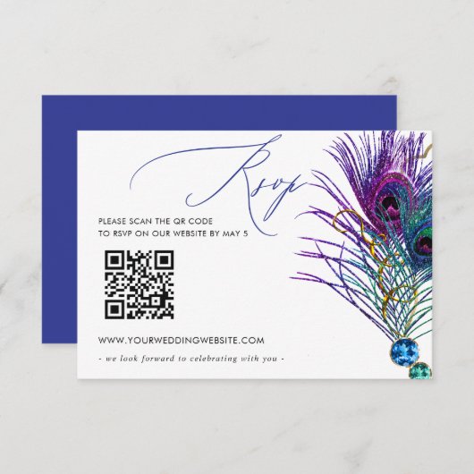 Glitter Gold Blue Purple Peacock Plume QR CODE RSVP Kaartje (Voorkant / Achterkant)