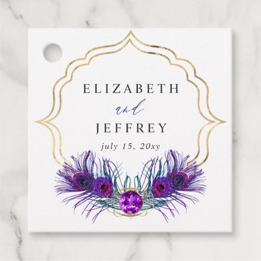 Glitter Gold Blue Purple Peacock Plume Wedding Bedankjes Labels (Voorkant)