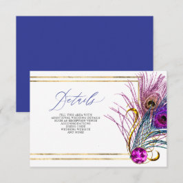 Glitter Gold Blue Purple Peacock Plume Wedding Informatiekaartje