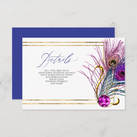Glitter Gold Blue Purple Peacock Plume Wedding Informatiekaartje (Voorkant / Achterkant)