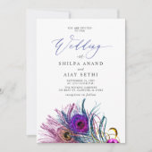 Glitter Gold Blue Purple Peacock Plume Wedding Kaart (Voorkant)