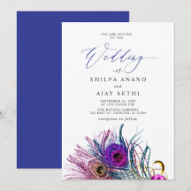 Glitter Gold Blue Purple Peacock Plume Wedding