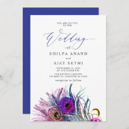 Glitter Gold Blue Purple Peacock Plume Wedding Kaart