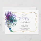 Glitter Gold Blue Purple Peacock Plume Wedding Kaart (Voorkant)