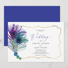 Glitter Gold Blue Purple Peacock Plume Wedding Kaart
