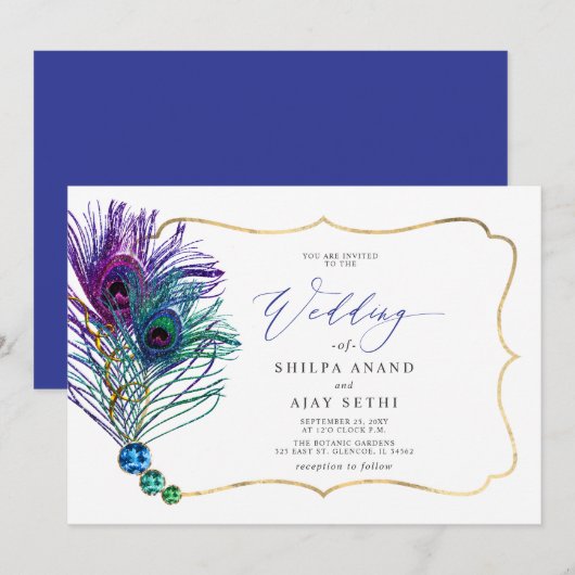 Glitter Gold Blue Purple Peacock Plume Wedding Kaart (Voorkant / Achterkant)